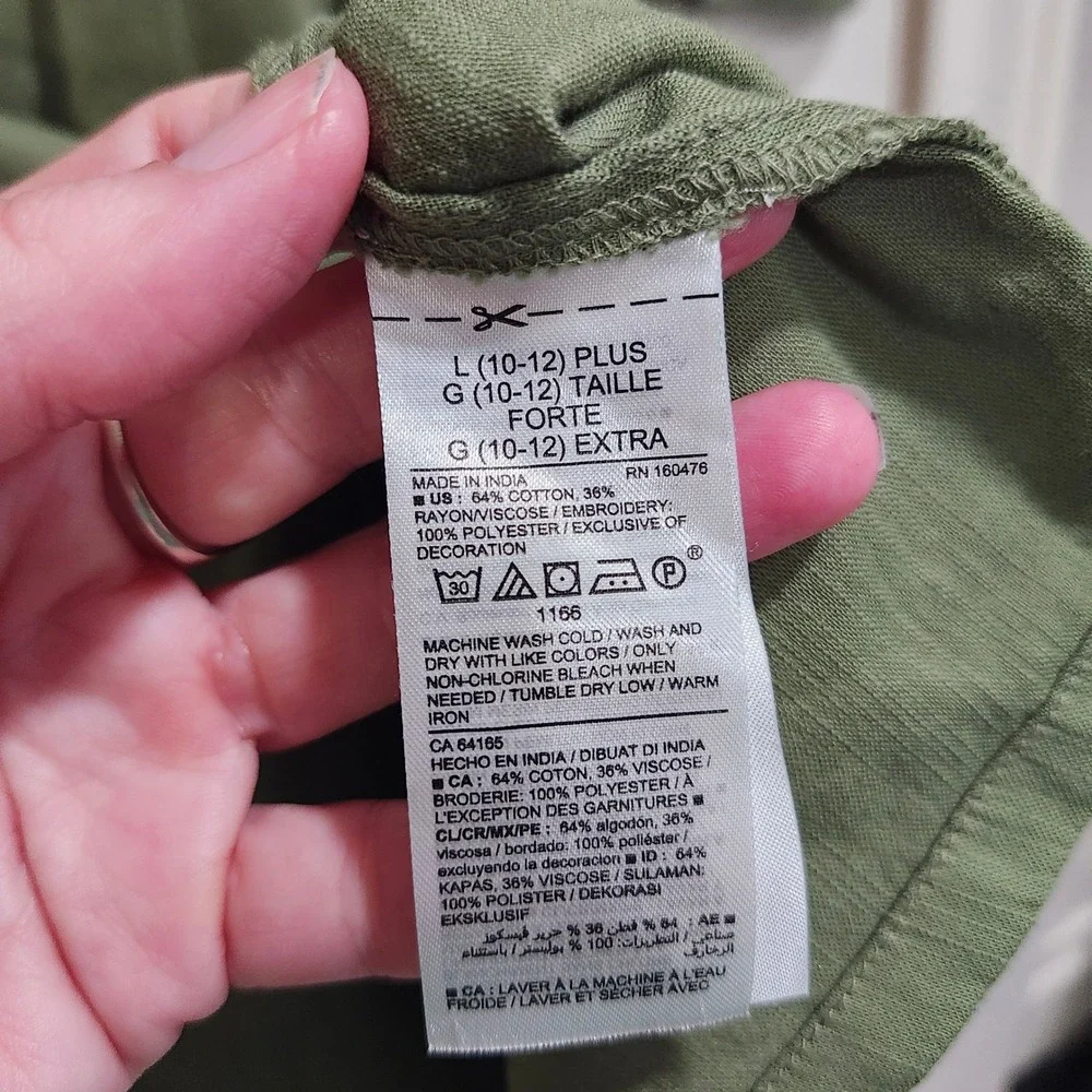 Old Navy Girls Olive Green Embroidered Bib Long Sleeve Shift Dress L 10-12 Plus